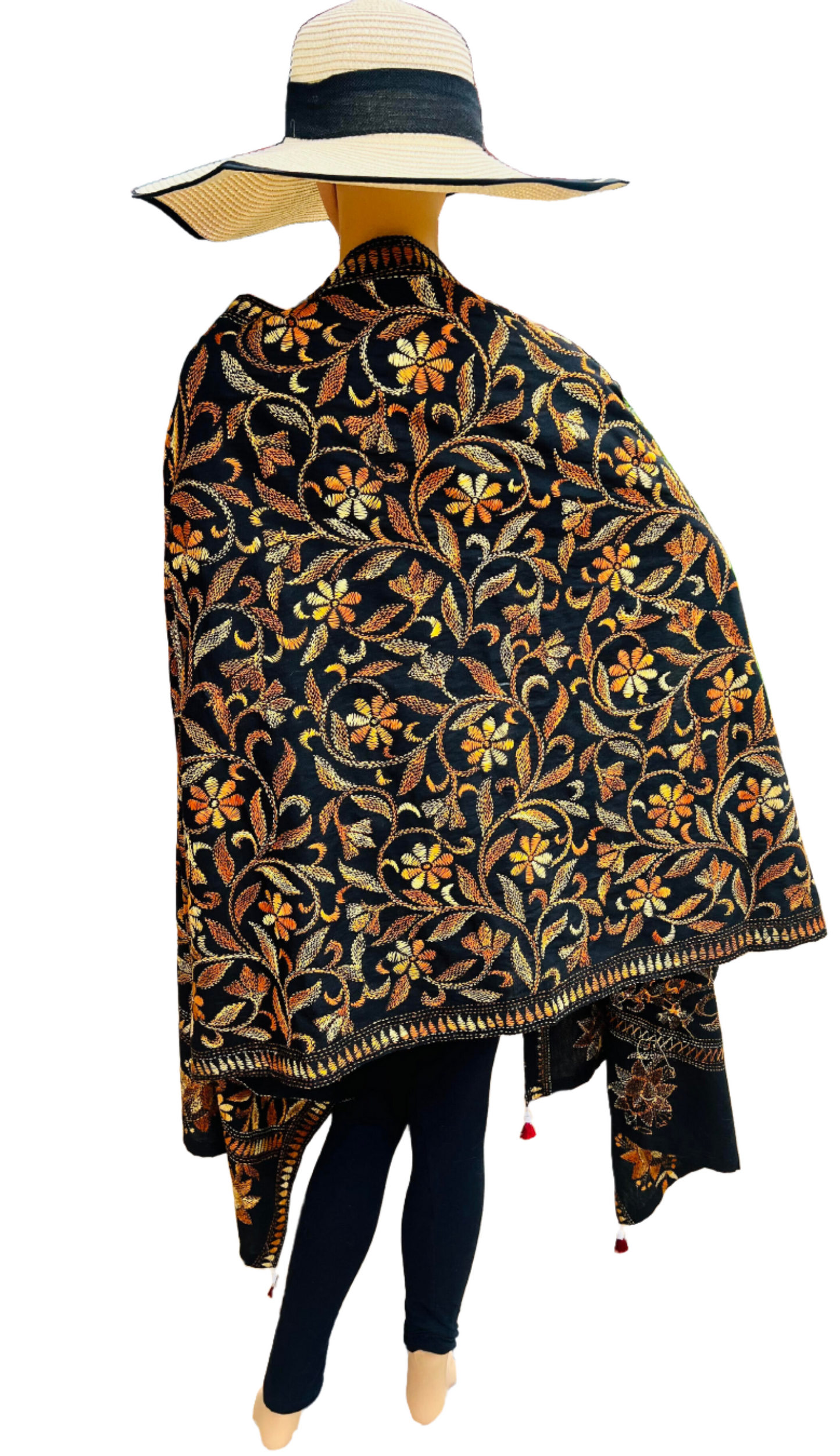 Black Kantha Shrug with Yellow-Orange Detailing