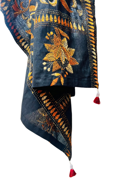 Black Kantha Shrug with Yellow-Orange Detailing