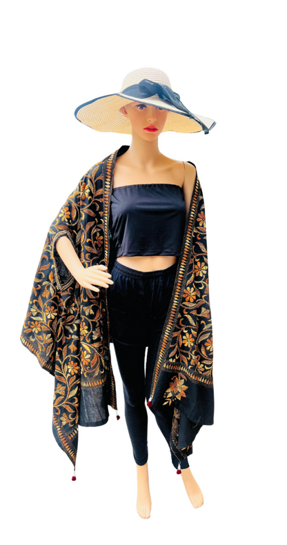 Black Kantha Shrug with Yellow-Orange Detailing