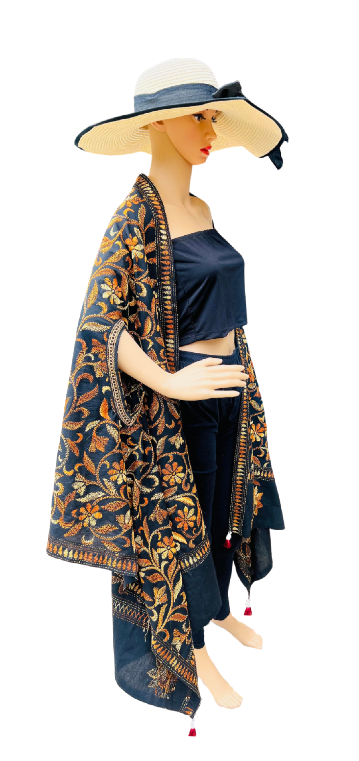 Black Kantha Shrug with Yellow-Orange Detailing