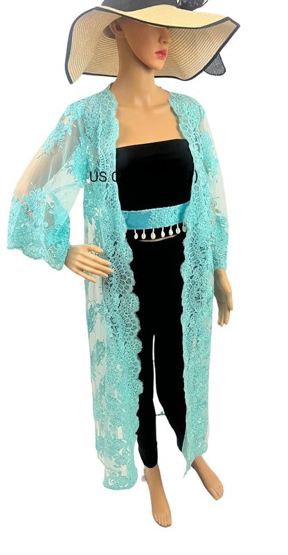 Blue Long Net Hand embroidered  Cape with matching Belt