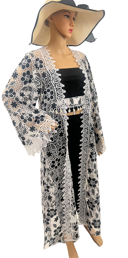 Long Black and White Cape with lace trimmings