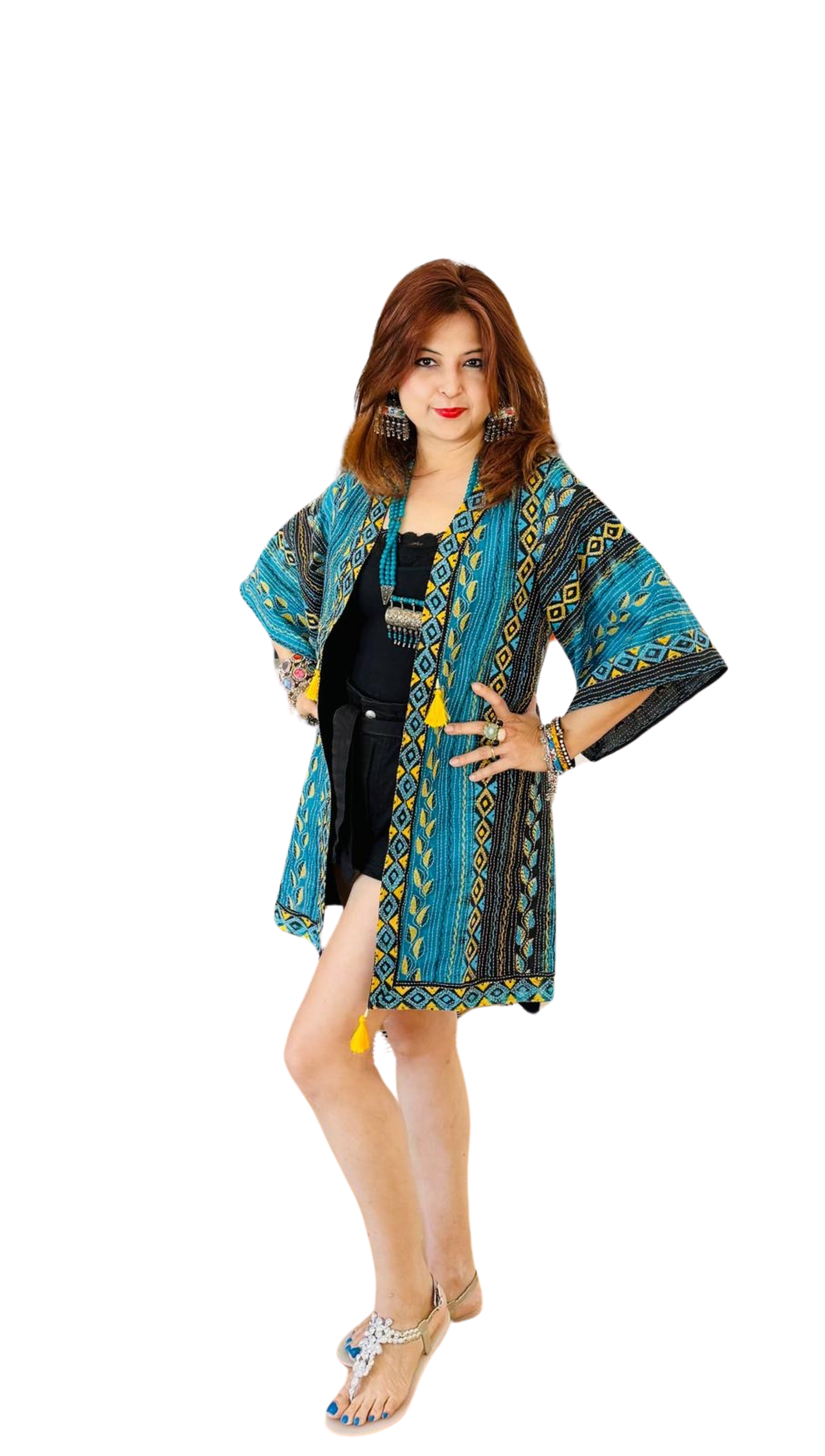 Nakshi Katha Kimono in turquoise and black